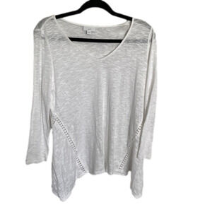J Jill White Linen Cotton Tunic Crochet V Neck 3/4 Sleeve A Line Small